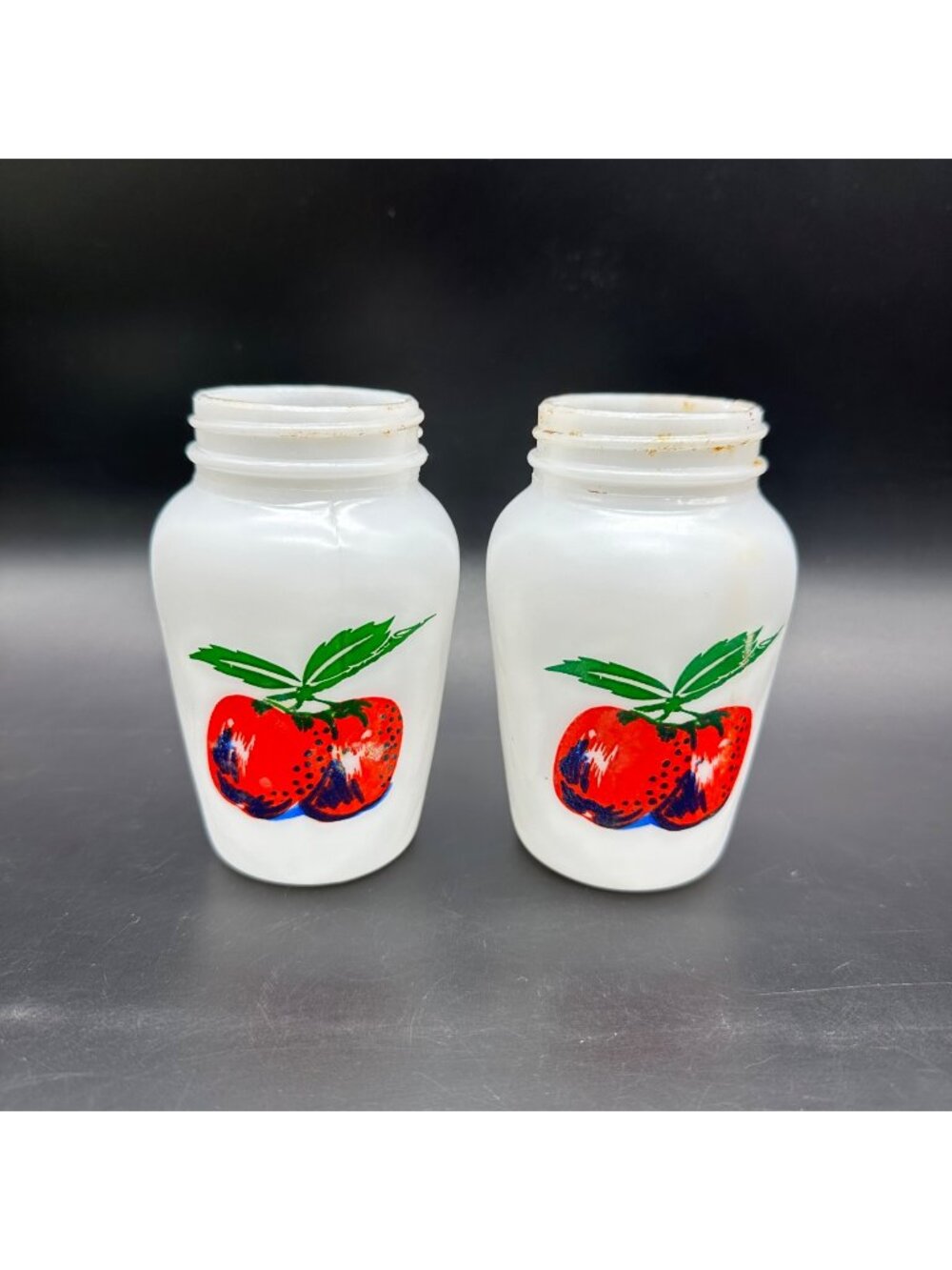 Vintage Stovetop Shakers Fire King Apple Milk Glass Salt and Pepper Red 1950s